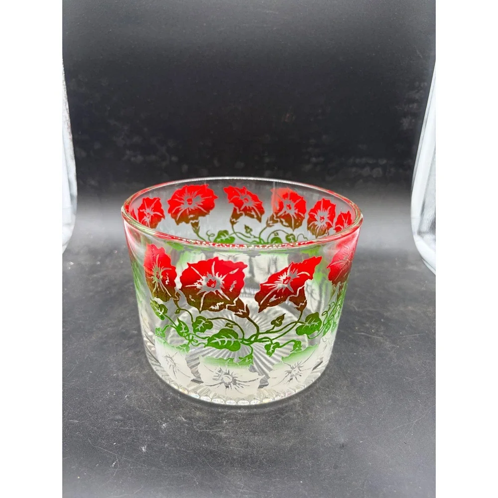 Vintage Red Morning Glory Floral Glass Ice Bucket Sunburst Base Mid Century